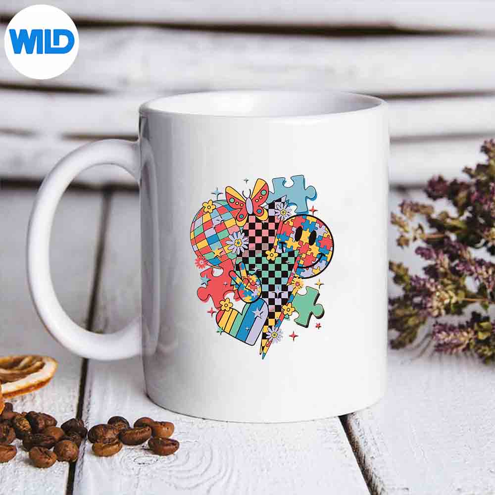 Retro Groovy Autism Awareness Smile Face With Puzzle Pieces SVG PNG Cut File