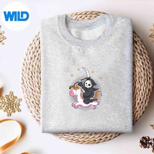 DeathMetalRockMusicRainbowGrimReaperRidingUnicornsweater