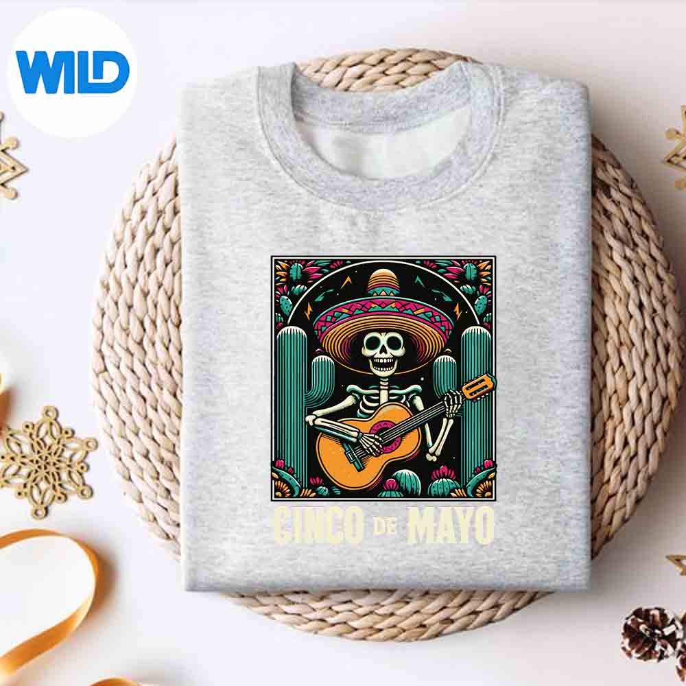 Alternative view of Cinco De Mayo Skeleton Skull Sombrero Guitar Mexican Day Retro Love SVG Cut File