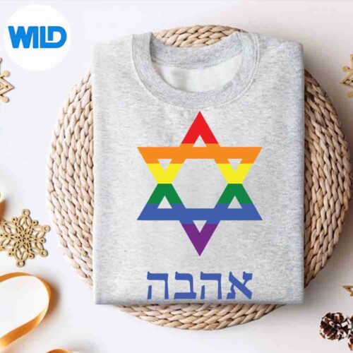 Jewish Gay Pride Rainbow Flag Star Of David Hebrew Love Blue Digital Design 4 JewishGayPrideRainbowFlagStarOfDavidHebrewLoveBluesweater