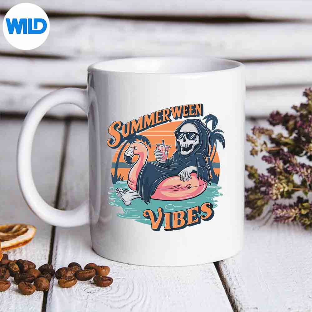 SummerweenVibesSkeletonFlamingoFloatSummerHalloweenmug