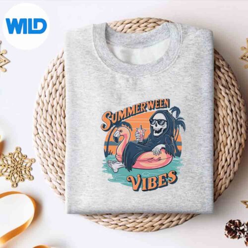 SummerweenVibesSkeletonFlamingoFloatSummerHalloweensweater