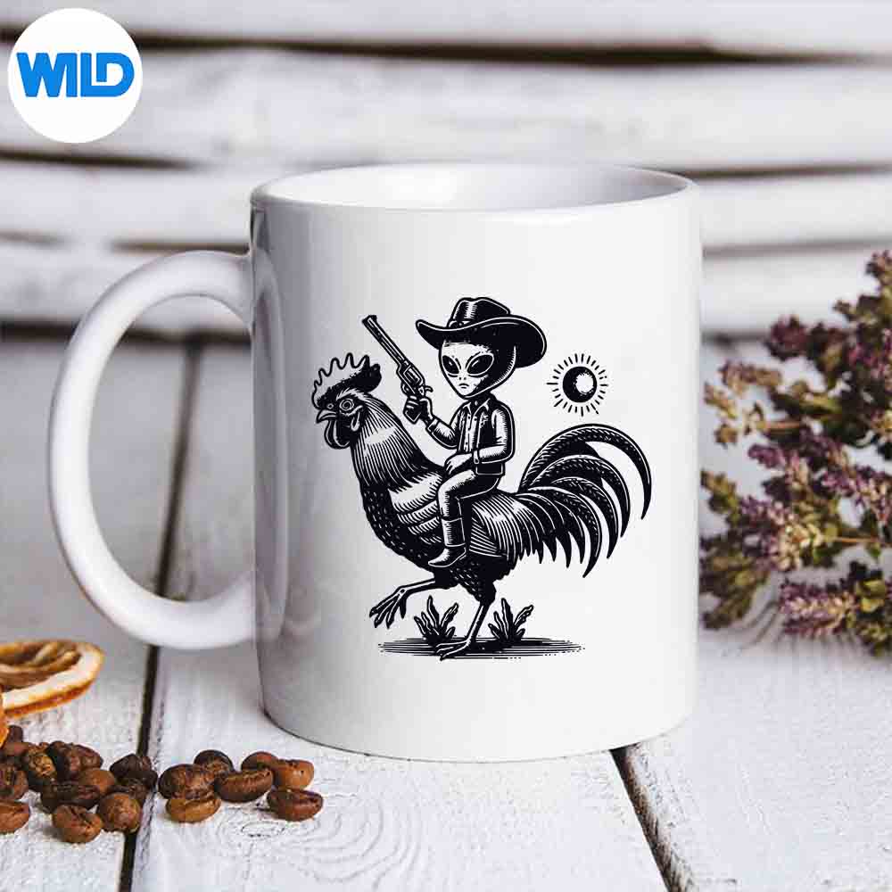 AlienWithCowHatBootsRidingRoosterVintagemug