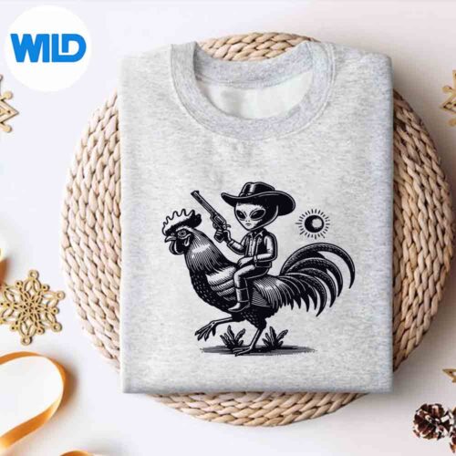 AlienWithCowHatBootsRidingRoosterVintagesweater