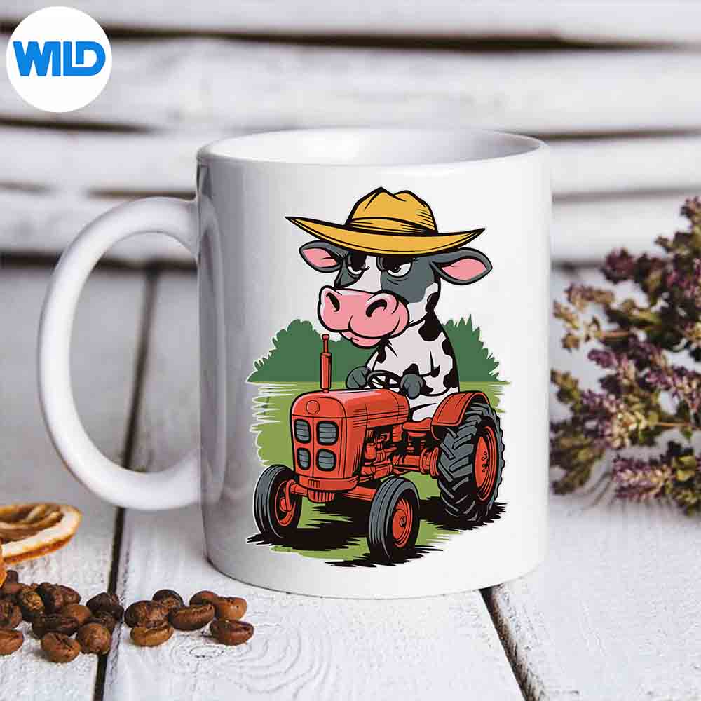 CartoonCowFarmerOnATractorAnimalmug