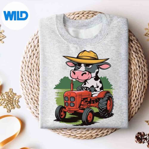 CartoonCowFarmerOnATractorAnimalsweater