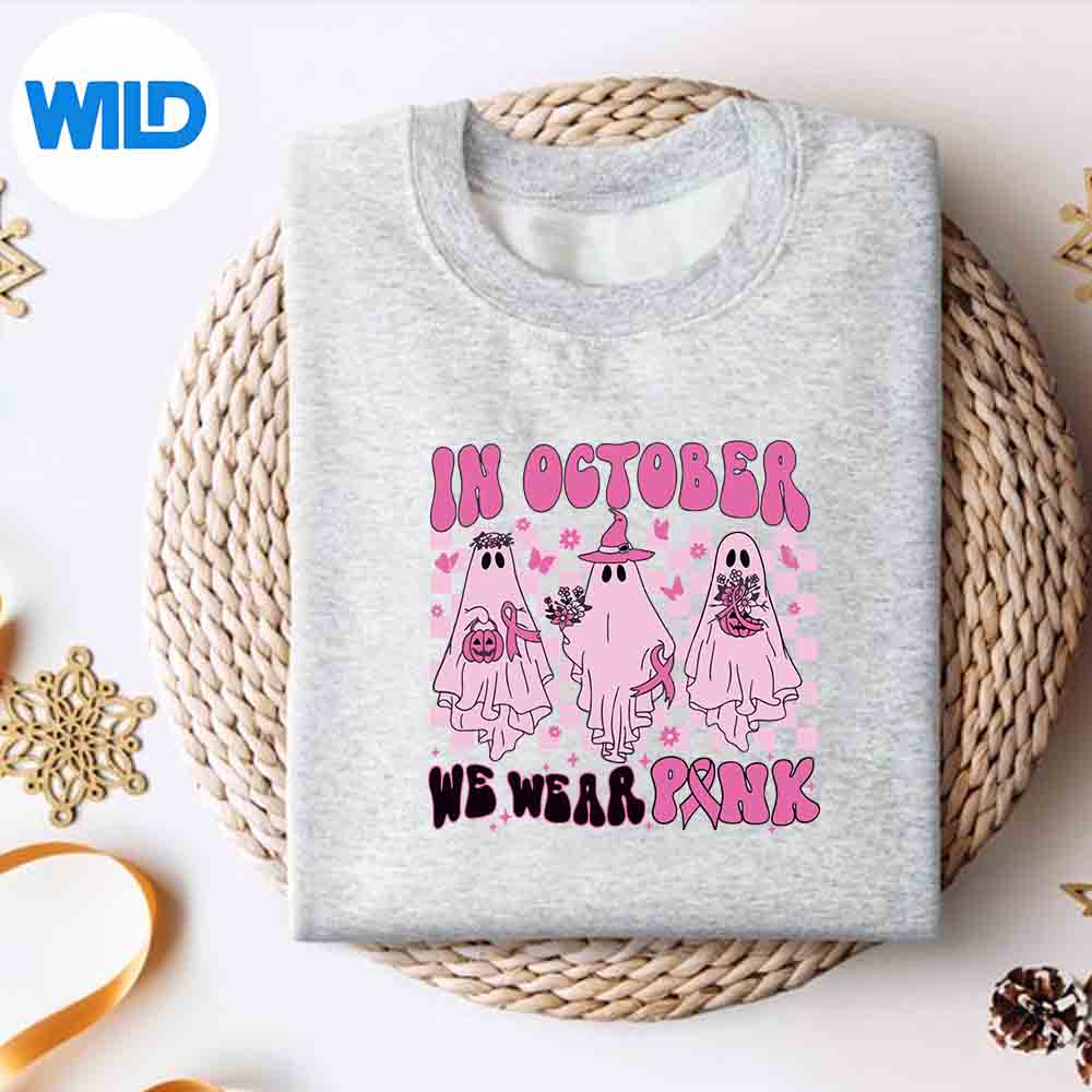 Alternative view of In October We Wear Pink Ghost Halloween Breast Cancer Surprised Cute Silhouette SVG PNG