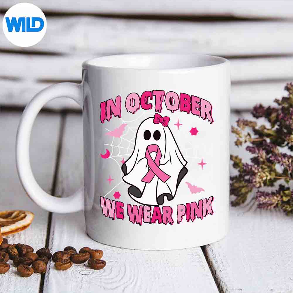 October We Wear Pink Ghost Halloween Breast Cancer Awareness Surprised Sad Vector Design