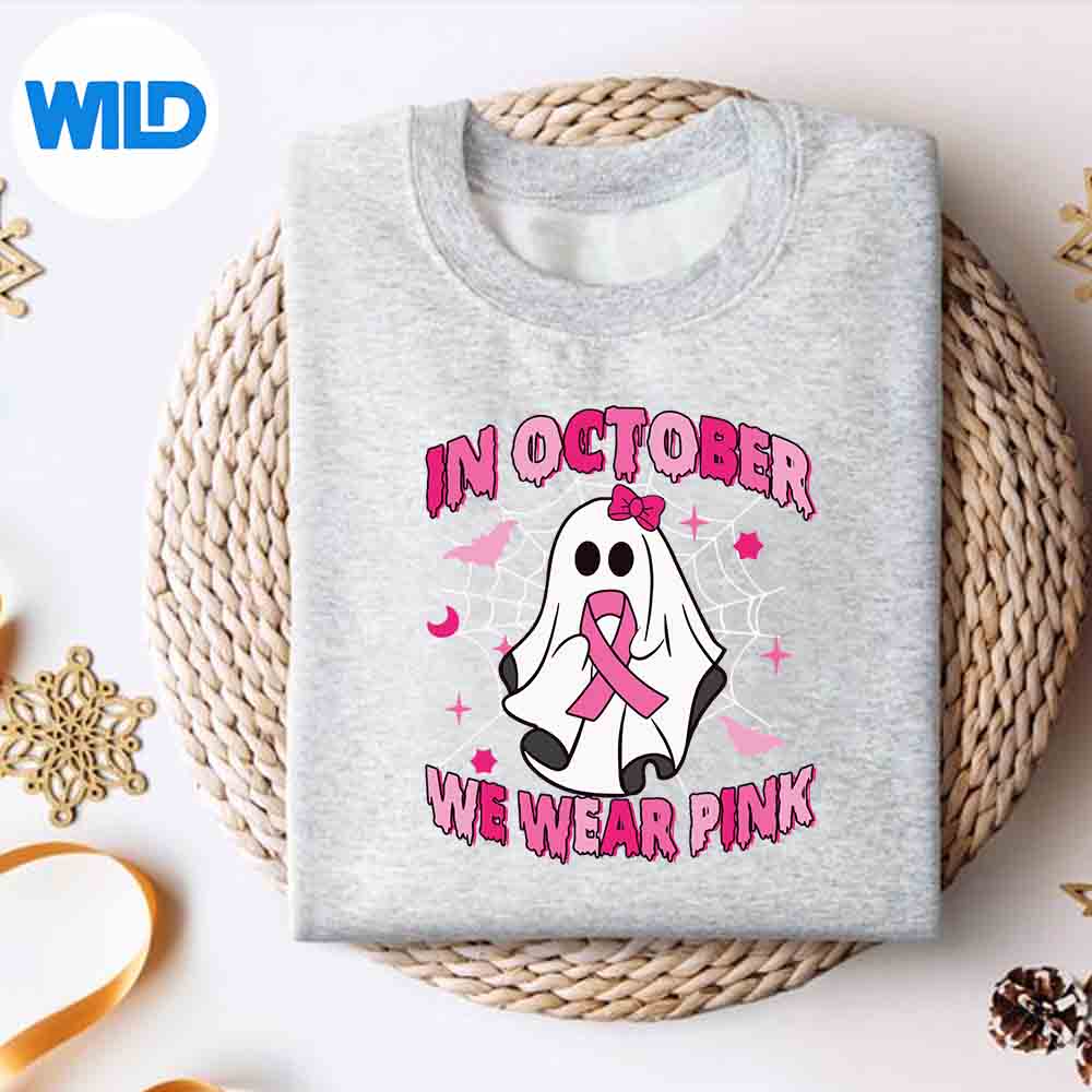 Alternative view of October We Wear Pink Ghost Halloween Breast Cancer Awareness Surprised Sad Vector Design