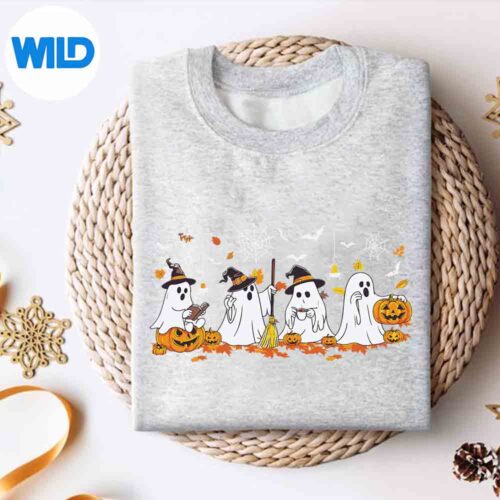 CuteGhostDrinkingCoffeeHalloweenFallGhostBookReadingsweater