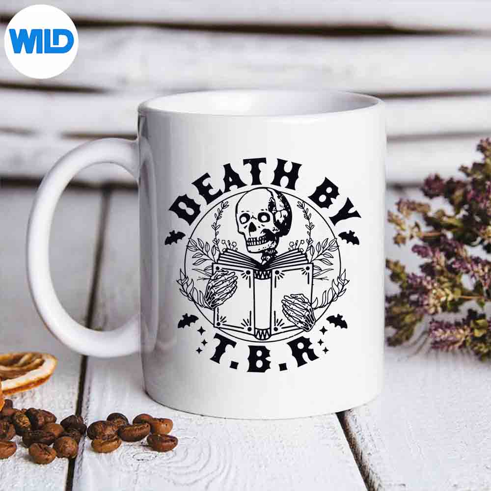 DeathByTbrToBeReadSkeletonReadingBookBookishmug