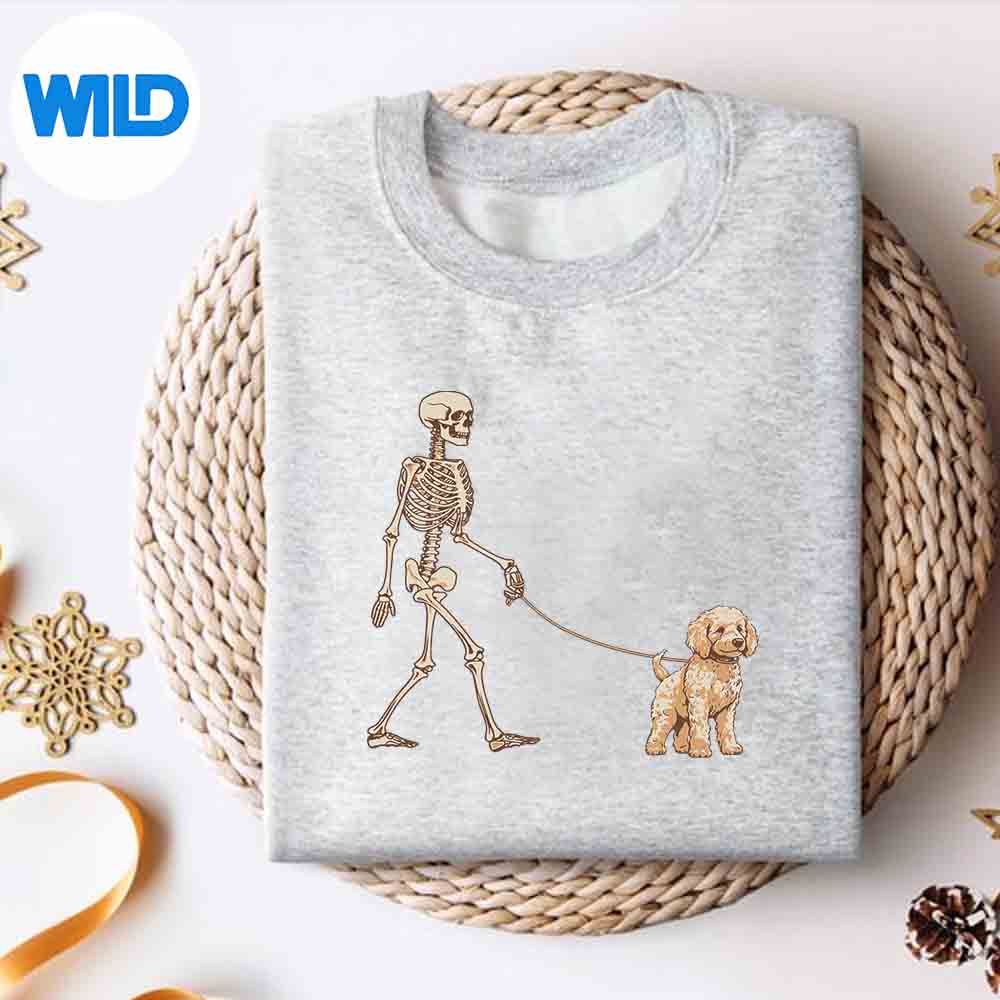 Alternative view of Goldendoodle Skeleton Dog Walking Halloween Dog SVG PNG