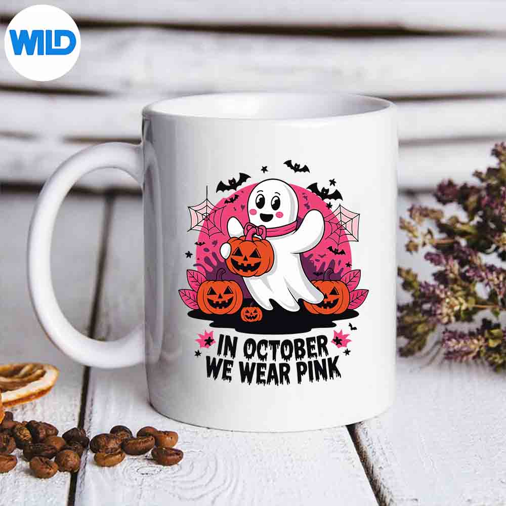 HalloweenPinkGhostInOctoberWeWearPinkBreastCancermug