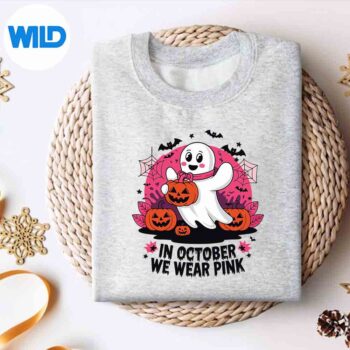 HalloweenPinkGhostInOctoberWeWearPinkBreastCancersweater