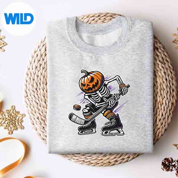 Alternative view of Skeleton Ice Hockey Halloween Pumpkin Hockey SVG PNG Digital Design