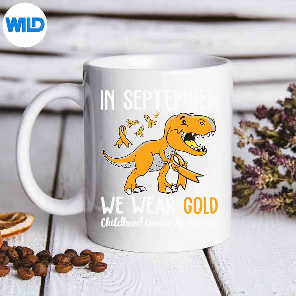 We Wear Gold Childhood Cancer Awareness Ribbon Dinosaur Silhouette SVG PNG
