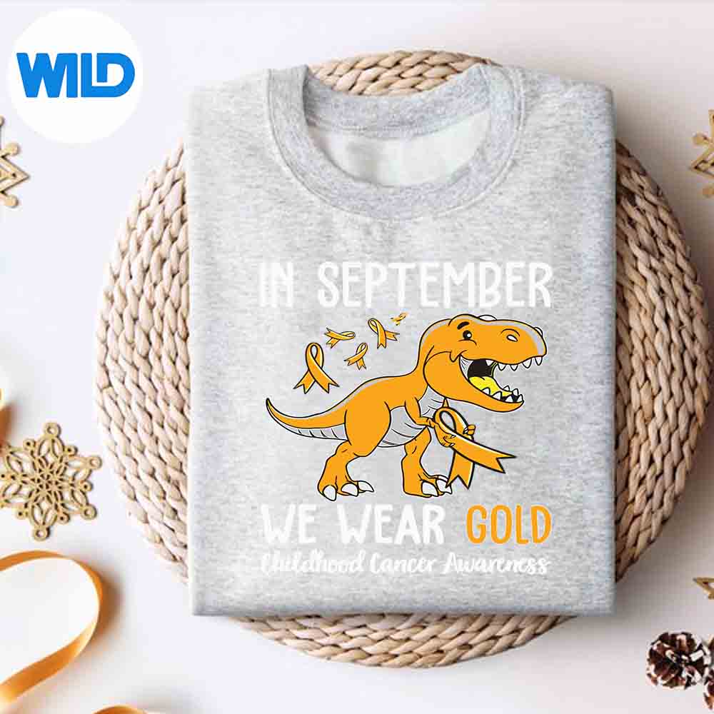 Alternative view of We Wear Gold Childhood Cancer Awareness Ribbon Dinosaur Silhouette SVG PNG