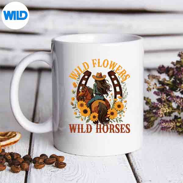 VintageSouthernSunsetCowgirlWildFlowersWildHorsesmug