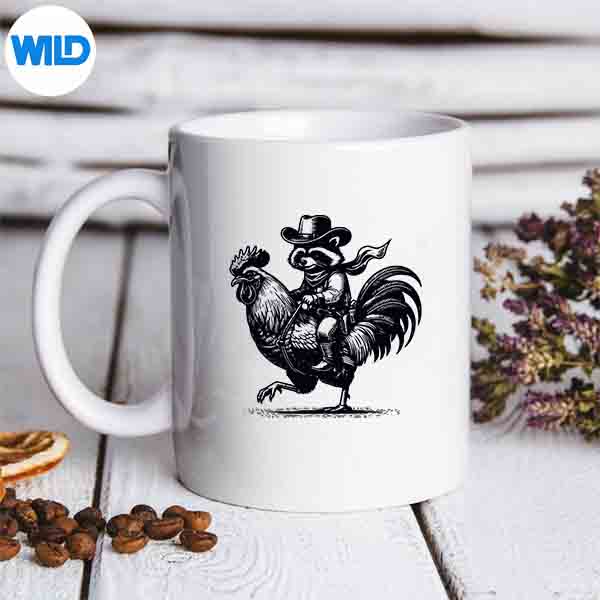 Raccoon With Cow Hat Boots Riding Rooster Vintage Small Grey Silhouette SVG PNG 7 RaccoonWithCowHatBootsRidingRoosterVintageSmallGreymug