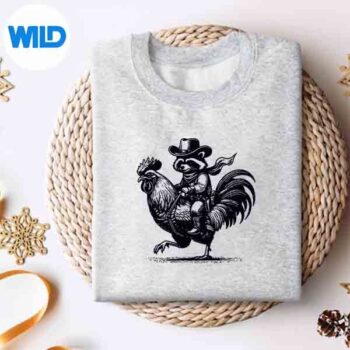 Raccoon With Cow Hat Boots Riding Rooster Vintage Small Grey Silhouette SVG PNG 4 RaccoonWithCowHatBootsRidingRoosterVintageSmallGreysweater