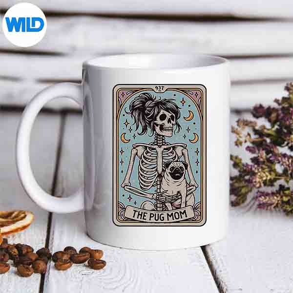 SkeletonHalloweenPugMomTarotCardWitchymug
