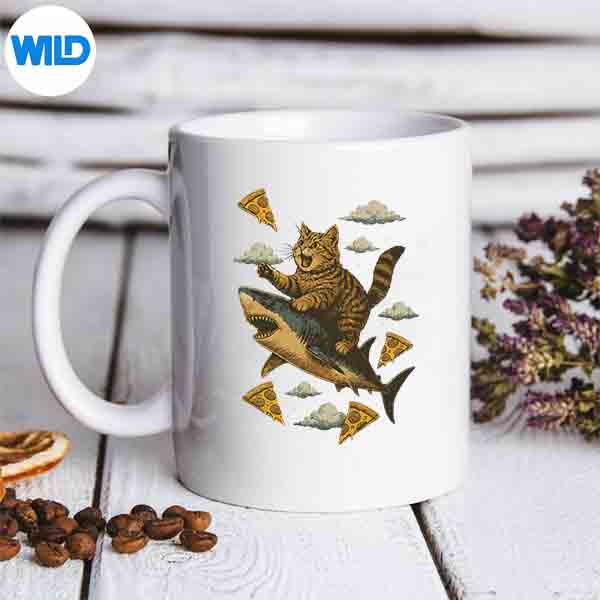 Cat Riding Shark Chasing Pizza PNG SVG for Cricut 6 CatRidingSharkChasingPizzamug