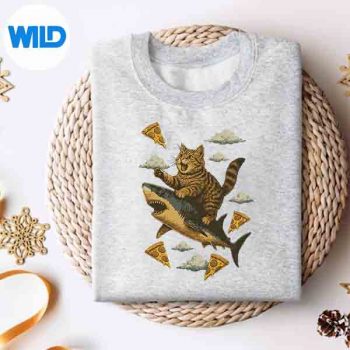 Cat Riding Shark Chasing Pizza PNG SVG for Cricut 4 CatRidingSharkChasingPizzasweater