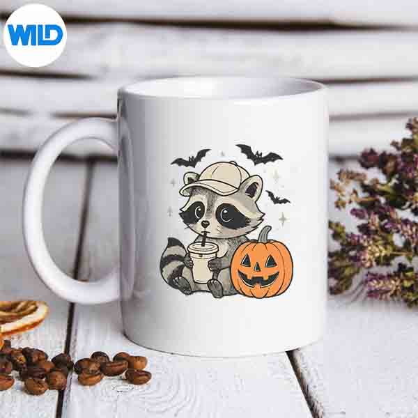 CuteHalloweenRaccoonWearingBaseballCapBobaPumpkinmug
