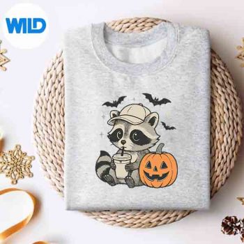 CuteHalloweenRaccoonWearingBaseballCapBobaPumpkinsweater