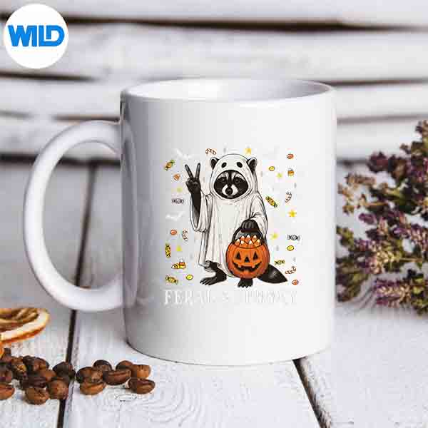 FeralAndSpookyHalloweenCuteGhostRaccoonTrickOrTreatmug