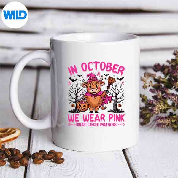 Highland Cow In October We Wear Pink Breast Cancer Halloween Vector Design 6 HighlandCowInOctoberWeWearPinkBreastCancerHalloweenmug