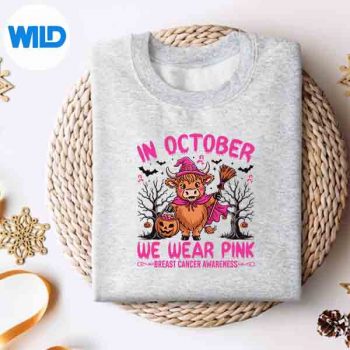 HighlandCowInOctoberWeWearPinkBreastCancerHalloweensweater