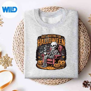 JustWaitingForHalloweenSkeletonCoffeeSpookySeasonsweater