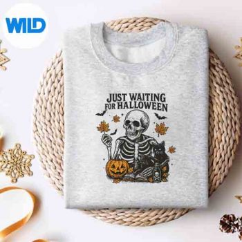 JustWaitingForHalloweenSkeletonSpookySummerweensweater 1