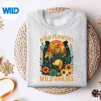 RetroWesternSunsetCowgirlWildFlowersWildHorsessweater