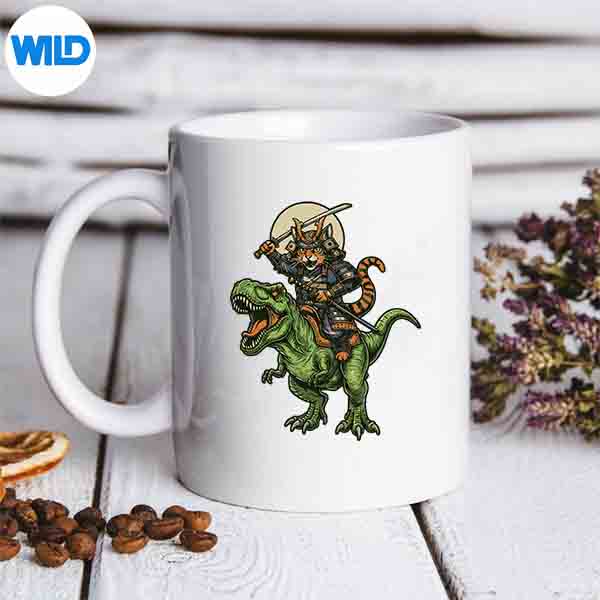 SamuraiCatRidingDinosaurJapaneseUkiyoeMememug