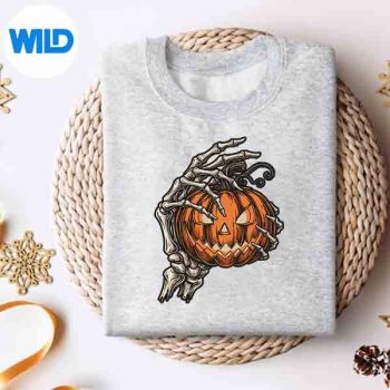 SkeletonHandHoldingPumpkinScaryHalloweensweater