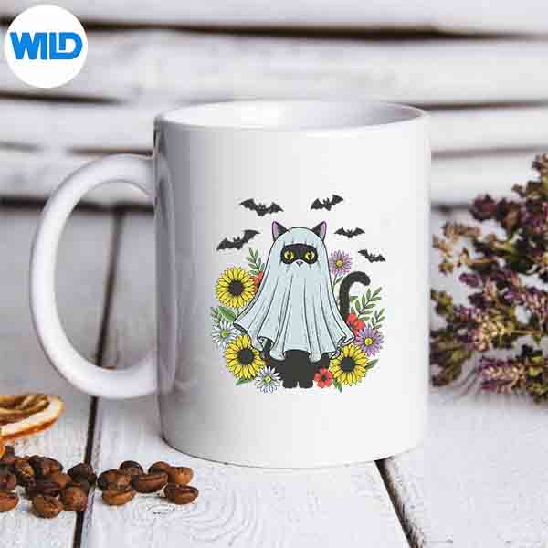 SpookyBlackCatFallGhostCatHalloweenmug
