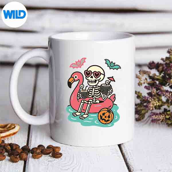 Summerween Skeleton Floating In Flamingo Cute Spooky Design for Cricut 6 SummerweenSkeletonFloatingInFlamingoCuteSpookymug