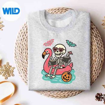 Summerween Skeleton Floating In Flamingo Cute Spooky Design for Cricut 4 SummerweenSkeletonFloatingInFlamingoCuteSpookysweater
