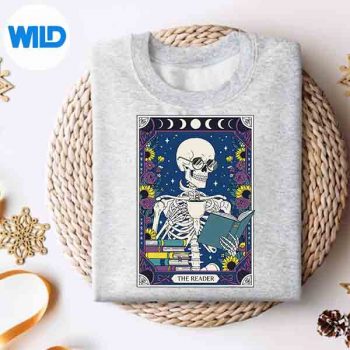 TheReaderSkeletonTarotCardBookCoffeeLoverBookwormsweater