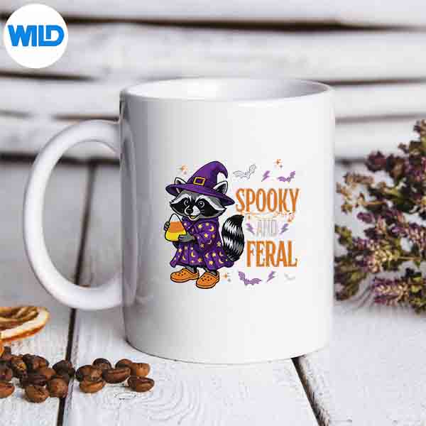 TrickOrTreatSpookyAndFeralRaccoonHalloweenmug