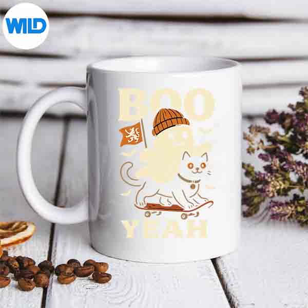 BooYeahGhostRidingSkateboardCatHalloweenmug