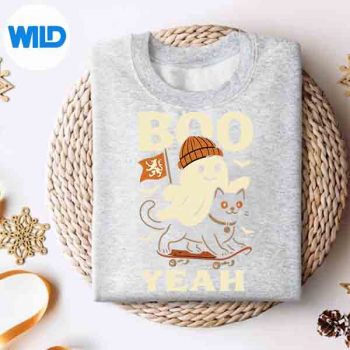 BooYeahGhostRidingSkateboardCatHalloweensweater
