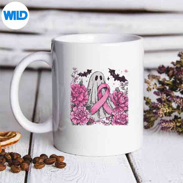 BreastCancerHalloweenGhostBohoGirlyPinkPumpkinmug