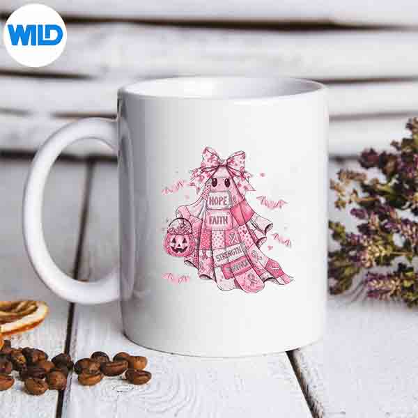 CoquetteBowBreastCancerGhostHalloweenDenimPatchworkmug