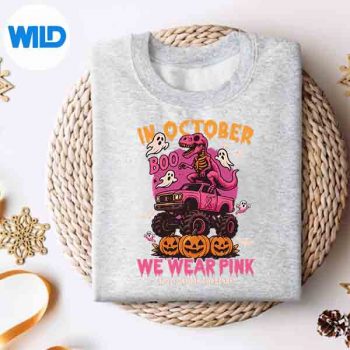 InOctoberWeWearPinkDinosaurTRexRidingMonsterTrucksweater