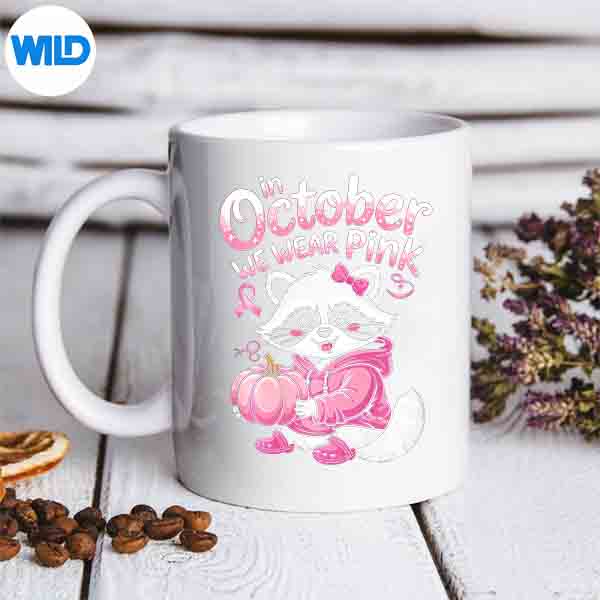 In October We Wear Pink Halloween Racoon Pink Pumpkin Vector Design 7 InOctoberWeWearPinkHalloweenRacoonPinkPumpkinmug