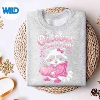 In October We Wear Pink Halloween Racoon Pink Pumpkin Vector Design 4 InOctoberWeWearPinkHalloweenRacoonPinkPumpkinsweater