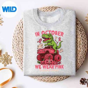 InOctoberWeWearPinkTRexDinosaurMonsterTruckPumpkinsweater